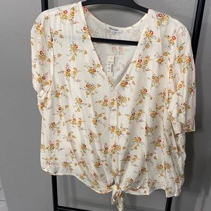 Madewell S/S Floral Blouse w/Tie Waist - Cream, XL